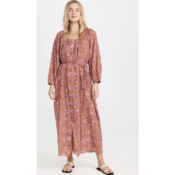 THE GREAT Medium Shoreline Coverup Floral Tan Tie-Waist Cottagecore MIDI Dress - Picture 2 of 16